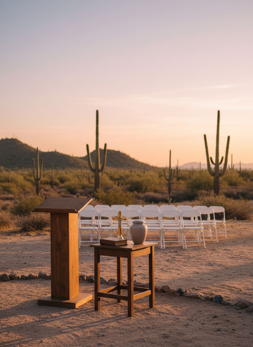 A serene outdoor memorial setting in the Arizona desert at golden hour, with a simple wooden podium and a small table holding a closed leather-bound ceremony book, a polished brass cross, and a neutral-toned ceramic urn. Behind them, distant saguaro cacti, soft rolling hills, and a pastel sky transition from warm oranges to cool purples. Discreet rows of empty white chairs are softly out of focus, suggesting a gathering without showing people. Photographic realism, wide-angle composition with the podium on the rule of thirds, warm natural light casting long, gentle shadows across the desert floor, creating a tranquil, reverent atmosphere suited for non-denominational and Christian celebrations of life.