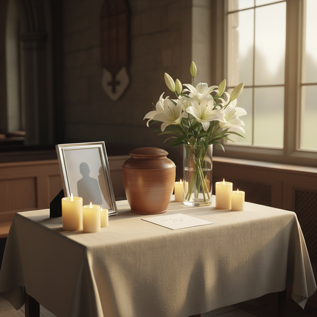 A beautifully arranged memorial altar featuring a single white lily bouquet in a simple glass vase, a small wooden urn with a smooth satin finish, and a framed, softly blurred placeholder silhouette where a photo would be. They rest on a linen-draped table in a quiet chapel corner, surrounded by gently glowing flameless candles and a folded program titled “Celebration of Life.” Warm, late-afternoon light filters through frosted windows, creating soft highlights and gentle shadows. Photographic realism, shot at eye level with a shallow depth of field, keeping the altar in crisp focus while the pews and architectural details recede into a tender, peaceful blur, conveying calm, dignity, and compassionate professionalism.