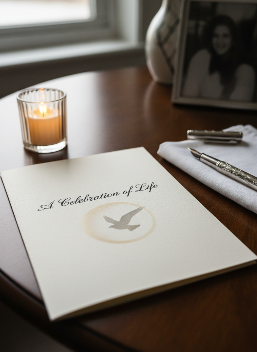 A close-up of an elegant memorial service program lying on a dark walnut table, the cover reading “A Celebration of Life” in graceful script above a softly blurred silhouette placeholder. Around it, a neatly folded white handkerchief, a vintage silver pen, and a small glass candle holder with a warm flameless candle create an intimate vignette. Soft, diffused window light from the left produces gentle highlights on the paper texture and subtle reflections on the pen. Photographic realism with a slightly elevated angle and shallow depth of field, allowing the title and details of the program to be in sharp focus while the background recedes into a calm, contemplative blur, reflecting thoughtful, professional planning of services.