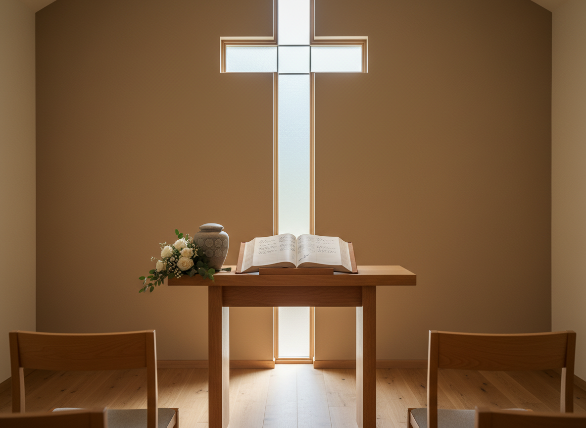 A reverent indoor memorial scene with a simple wooden lectern centered at the front of a small chapel, a single open ceremony book resting on it with neatly handwritten notes visible. To one side, a modest arrangement of white roses and greenery stands beside a smooth stone urn. The backdrop is a softly lit wall with a subtle cross-shaped window casting diffused, heavenly light across the space. Photographic realism, shot from the back of the room with chairs in soft focus in the foreground, leading the viewer’s eye toward the lectern. The atmosphere is calm, sacred, and inclusive, suitable for both Christian and non-denominational services, emphasizing dignified leadership and structured, heartfelt ceremonies.