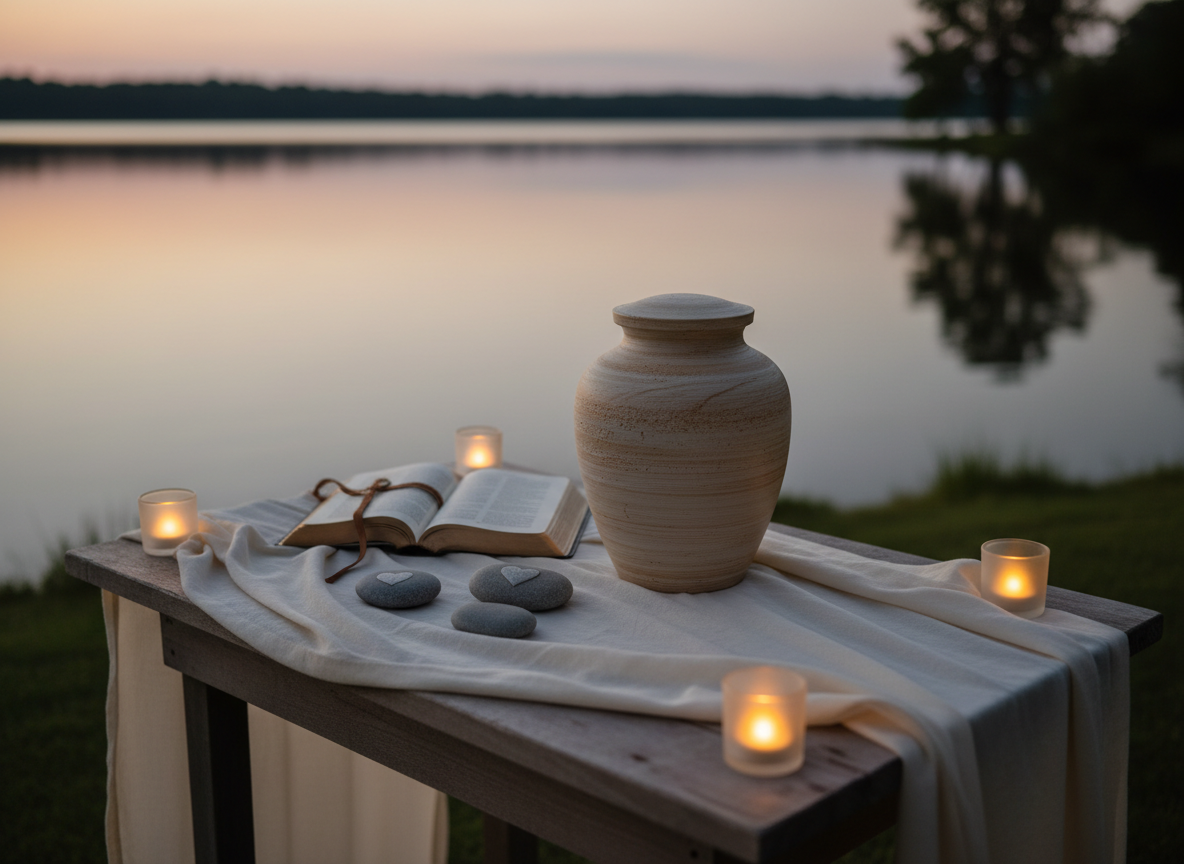 A tranquil water-side memorial setting at dusk, featuring a low wooden table draped in soft ivory fabric, holding a sand-colored ceramic urn, a small open Bible, and several smooth river stones engraved with subtle heart shapes. In the background, a still lake reflects the fading light and silhouettes of distant trees, rendered in gentle blur. Tiny LED candles in frosted holders line the table’s edge, casting a warm, flickering glow across the fabric. Photographic realism with a slightly elevated three-quarter angle and medium depth of field, capturing both the detailed objects and the mirrored water surface. The scene feels peaceful, reflective, and comforting, ideal for a celebration of life service that blends spirituality with the serenity of nature.
