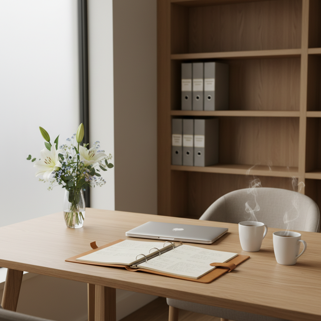 An inviting consultation space for planning memorial services, featuring a light oak desk with rounded edges, a closed laptop, an open leather portfolio with neatly arranged ceremony notes, and two ceramic mugs of tea releasing faint wisps of steam. A small vase of white and pale-blue flowers adds a touch of softness. In the background, a bookshelf holds discreetly labeled binders for “Memorial Services,” “Celebration of Life,” and “Christian Services,” all slightly out of focus. Soft, overcast daylight filters through a large window, illuminating the room with a gentle, even glow. Photographic realism, eye-level composition with balanced framing, conveying trust, professionalism, and a compassionate, non-intimidating environment without showing any people.
