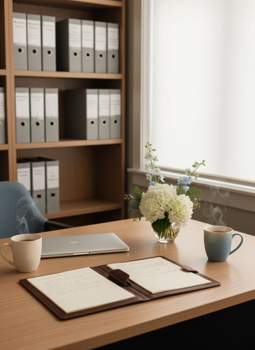 An inviting consultation space for planning memorial services, featuring a light oak desk with rounded edges, a closed laptop, an open leather portfolio with neatly arranged ceremony notes, and two ceramic mugs of tea releasing faint wisps of steam. A small vase of white and pale-blue flowers adds a touch of softness. In the background, a bookshelf holds discreetly labeled binders for “Memorial Services,” “Celebration of Life,” and “Christian Services,” all slightly out of focus. Soft, overcast daylight filters through a large window, illuminating the room with a gentle, even glow. Photographic realism, eye-level composition with balanced framing, conveying trust, professionalism, and a compassionate, non-intimidating environment without showing any people.