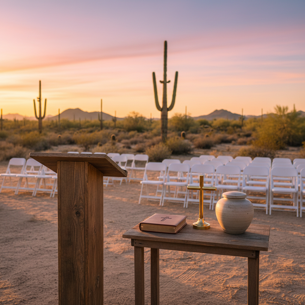 A serene outdoor memorial setting in the Arizona desert at golden hour, with a simple wooden podium and a small table holding a closed leather-bound ceremony book, a polished brass cross, and a neutral-toned ceramic urn. Behind them, distant saguaro cacti, soft rolling hills, and a pastel sky transition from warm oranges to cool purples. Discreet rows of empty white chairs are softly out of focus, suggesting a gathering without showing people. Photographic realism, wide-angle composition with the podium on the rule of thirds, warm natural light casting long, gentle shadows across the desert floor, creating a tranquil, reverent atmosphere suited for non-denominational and Christian celebrations of life.
