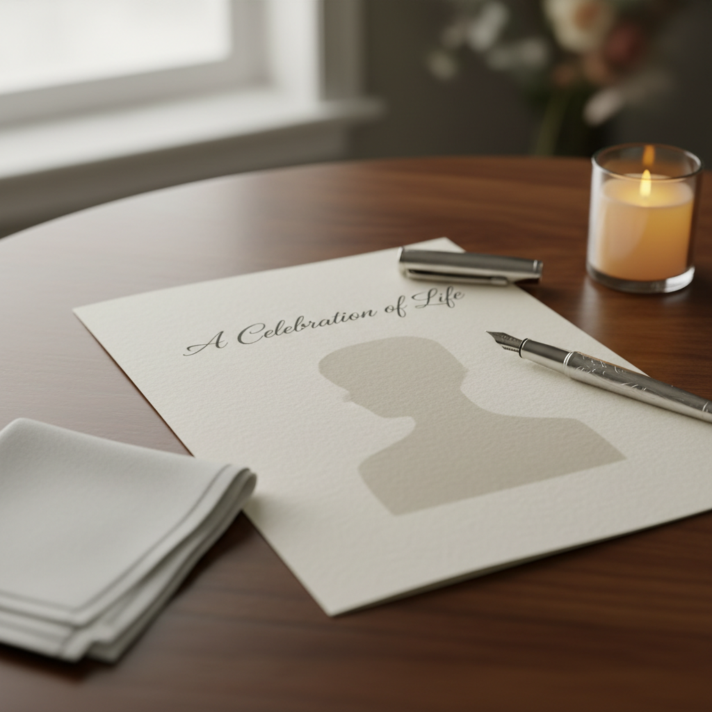 A close-up of an elegant memorial service program lying on a dark walnut table, the cover reading “A Celebration of Life” in graceful script above a softly blurred silhouette placeholder. Around it, a neatly folded white handkerchief, a vintage silver pen, and a small glass candle holder with a warm flameless candle create an intimate vignette. Soft, diffused window light from the left produces gentle highlights on the paper texture and subtle reflections on the pen. Photographic realism with a slightly elevated angle and shallow depth of field, allowing the title and details of the program to be in sharp focus while the background recedes into a calm, contemplative blur, reflecting thoughtful, professional planning of services.